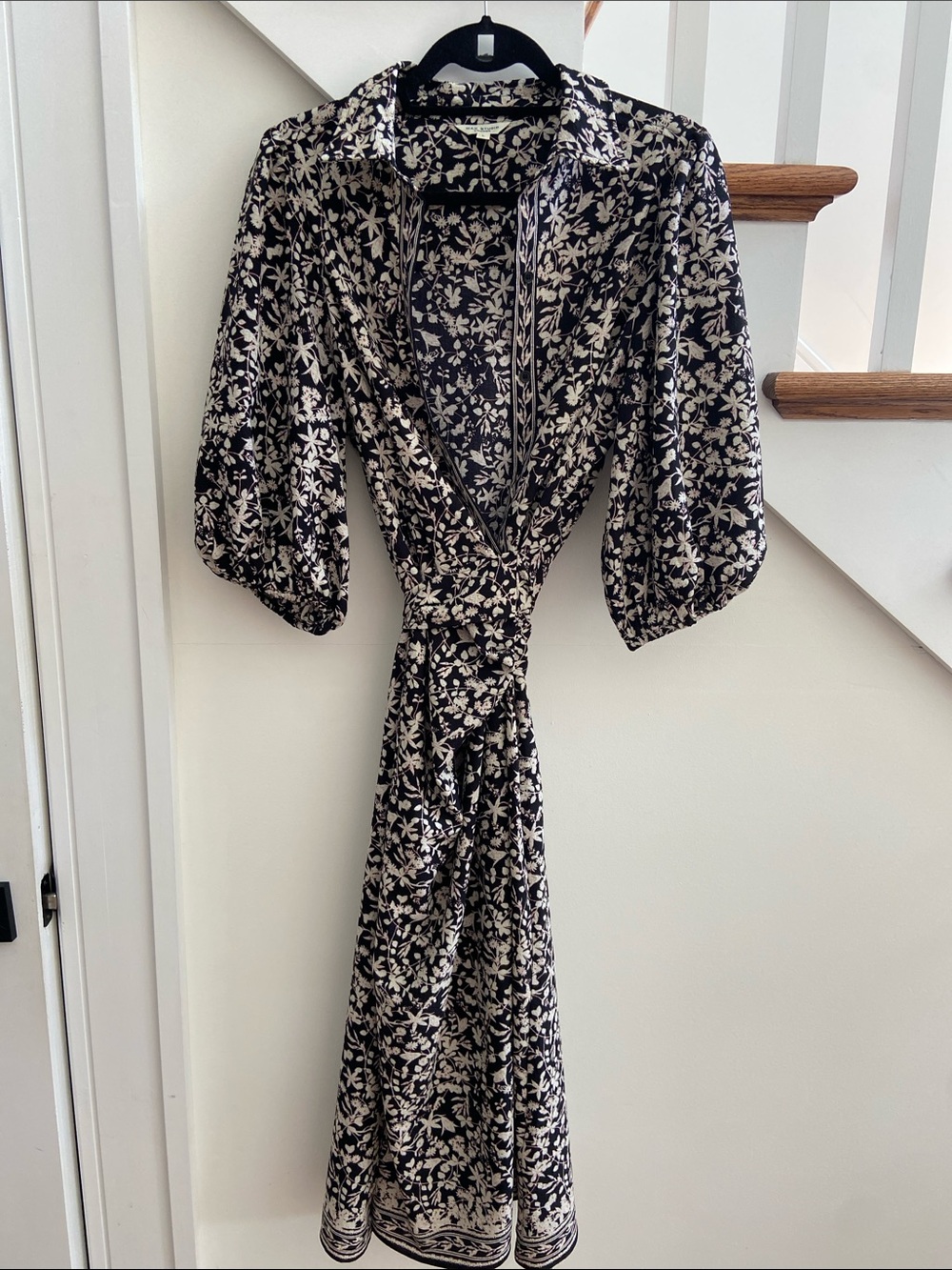 Max Studio Black and Cream Floral Wrap Midi Dress